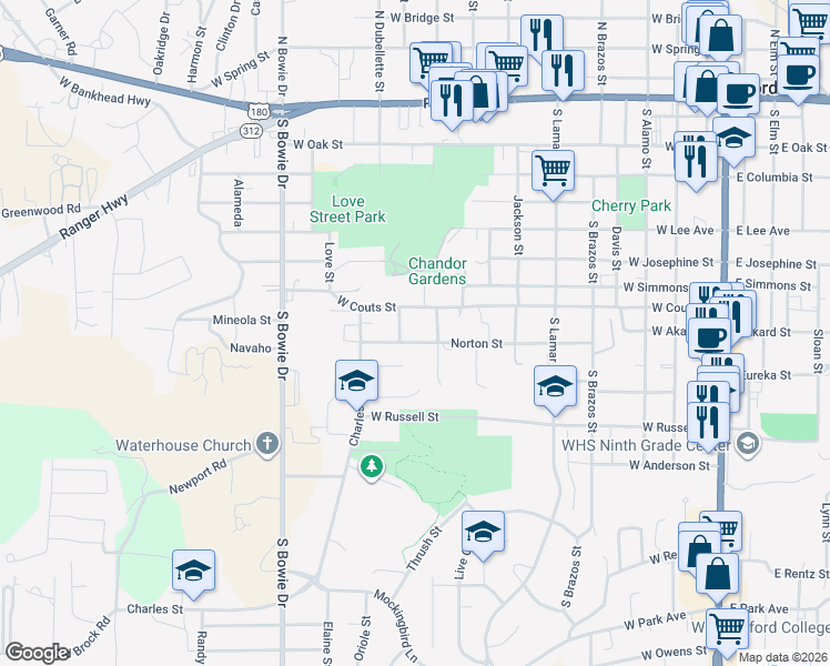 map of restaurants, bars, coffee shops, grocery stores, and more near 806 Norton Street in Weatherford