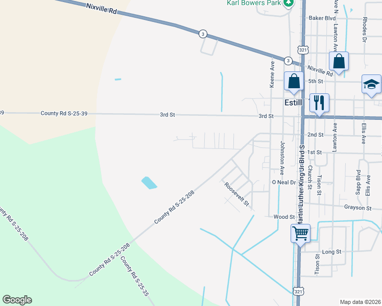 map of restaurants, bars, coffee shops, grocery stores, and more near 219 Hendrix Mill Road in Estill