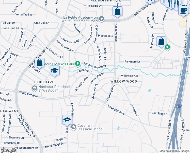 map of restaurants, bars, coffee shops, grocery stores, and more near 600 Panay Way Drive in Fort Worth