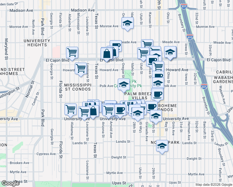 map of restaurants, bars, coffee shops, grocery stores, and more near 4034 Hamilton Street in San Diego
