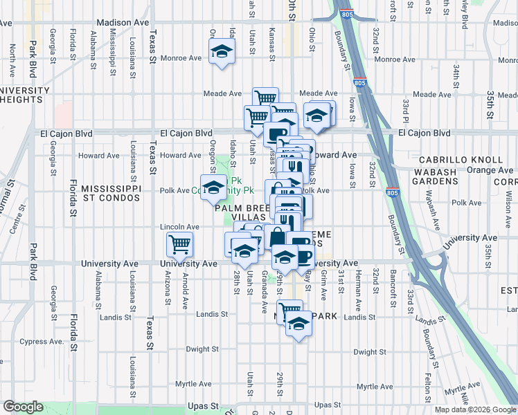 map of restaurants, bars, coffee shops, grocery stores, and more near 4046 Kansas Street in San Diego