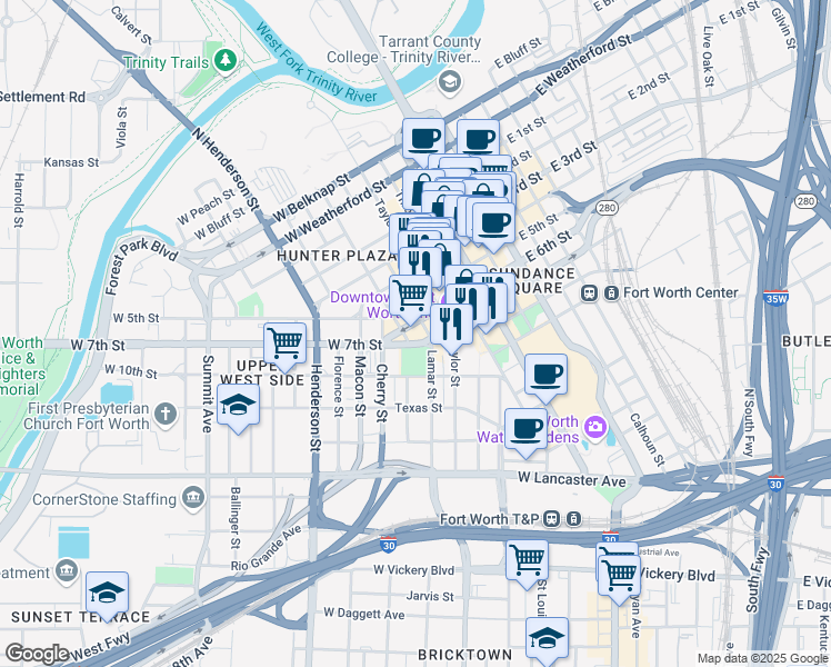 map of restaurants, bars, coffee shops, grocery stores, and more near 501 West 6th Street in Fort Worth