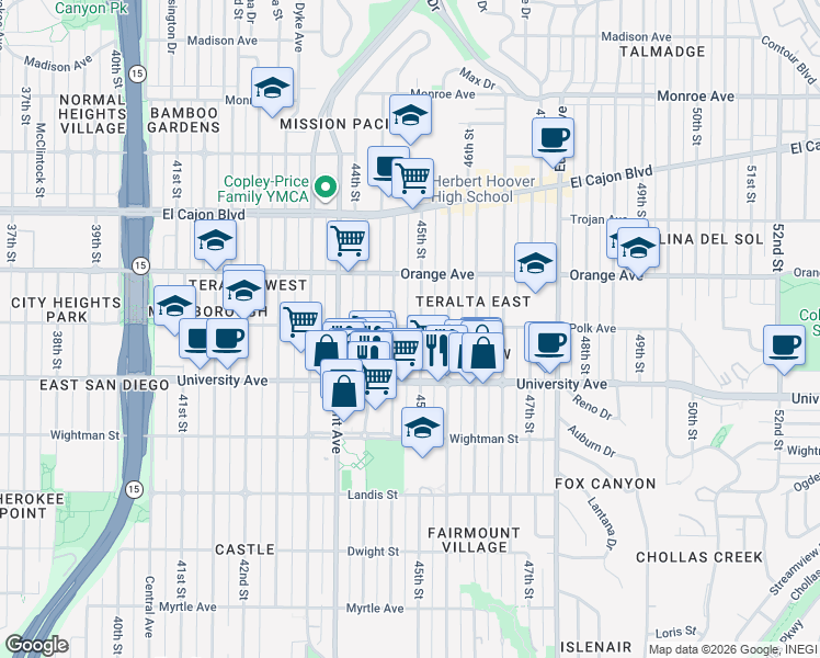 map of restaurants, bars, coffee shops, grocery stores, and more near 4079 45th Street in San Diego