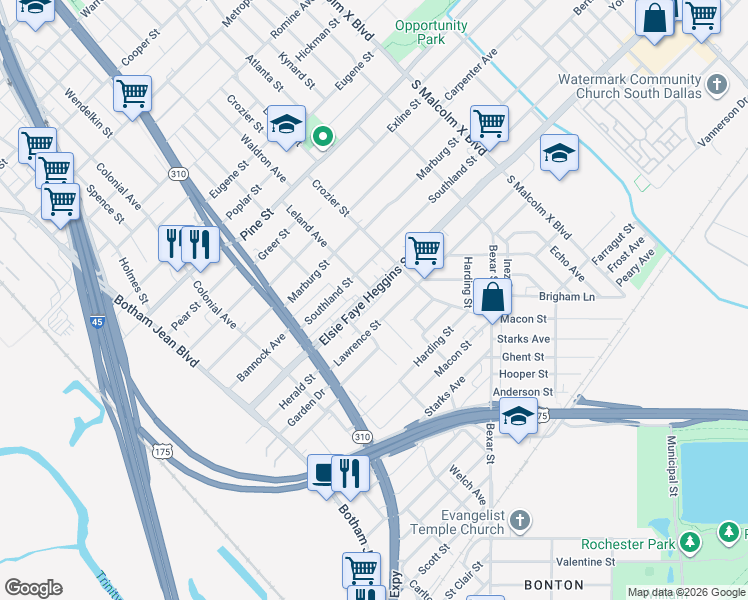 map of restaurants, bars, coffee shops, grocery stores, and more near 2338 Elsie Faye Heggins Street in Dallas