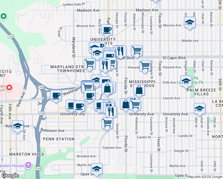 map of restaurants, bars, coffee shops, grocery stores, and more near 4049 Park Boulevard in San Diego