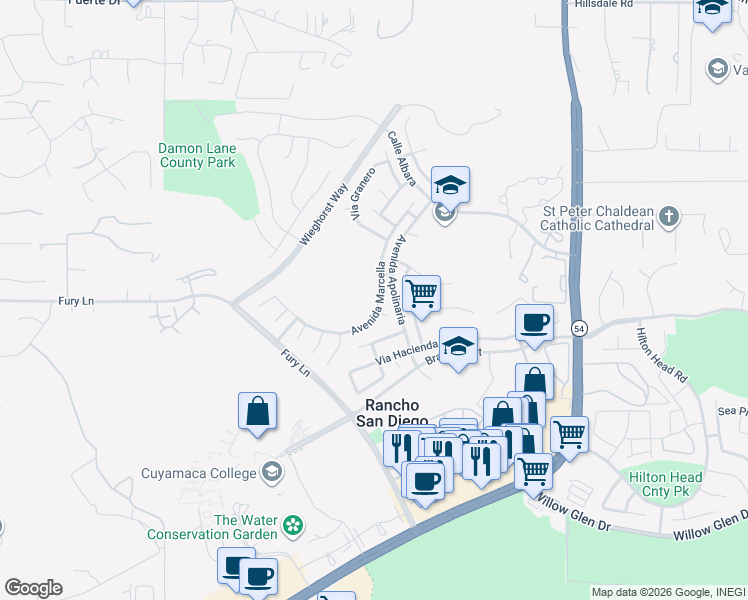 map of restaurants, bars, coffee shops, grocery stores, and more near 12150 Via Elena in El Cajon