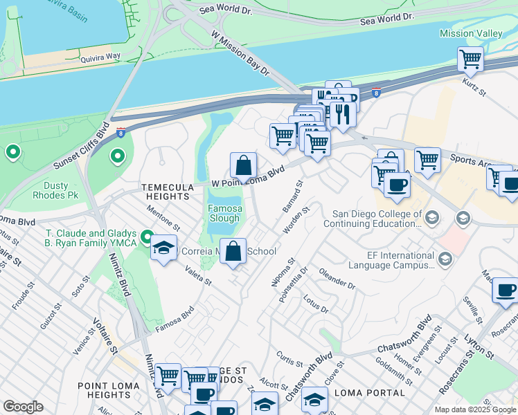 map of restaurants, bars, coffee shops, grocery stores, and more near 2855 Adrian Street in San Diego