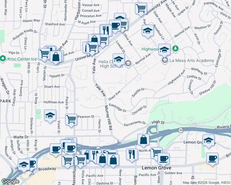 map of restaurants, bars, coffee shops, grocery stores, and more near 4004 Apore Street in La Mesa
