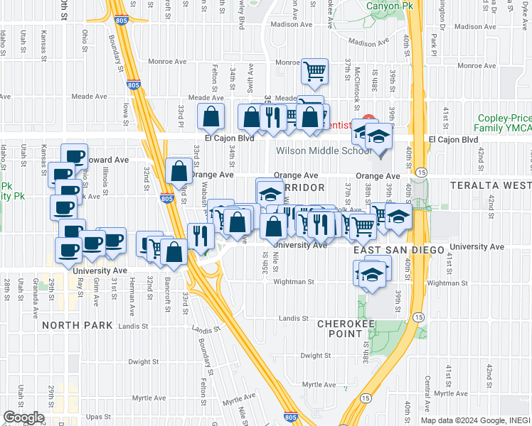 map of restaurants, bars, coffee shops, grocery stores, and more near 35th Street in San Diego
