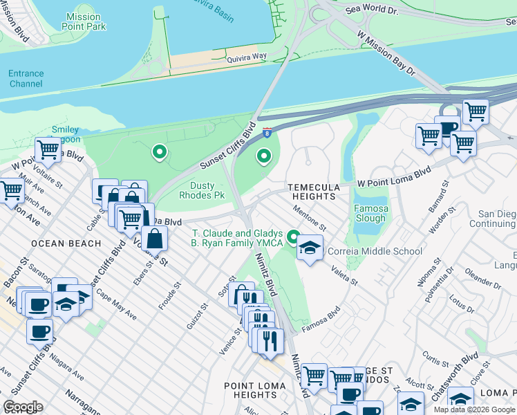 map of restaurants, bars, coffee shops, grocery stores, and more near 4495 Montalvo Street in San Diego