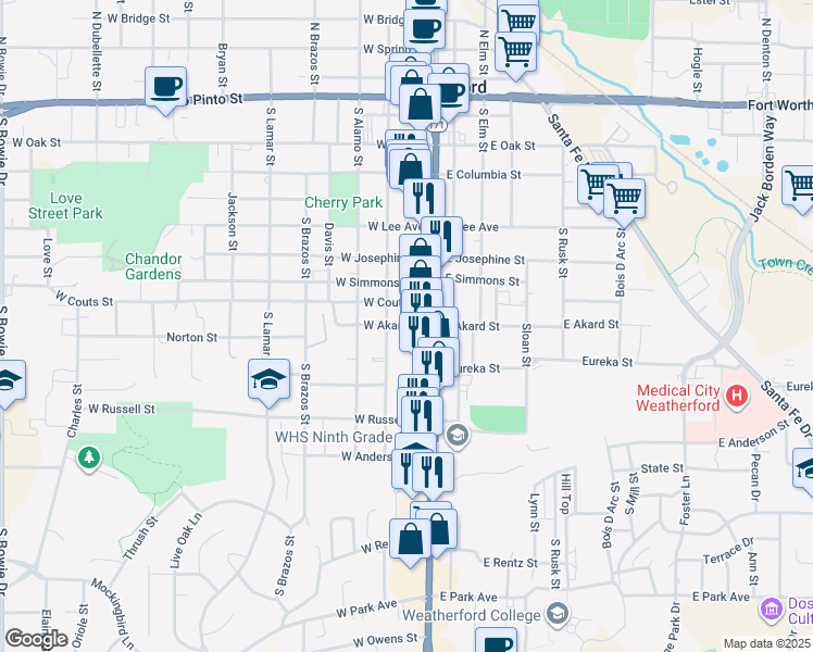 map of restaurants, bars, coffee shops, grocery stores, and more near 111 West Akard Street in Weatherford