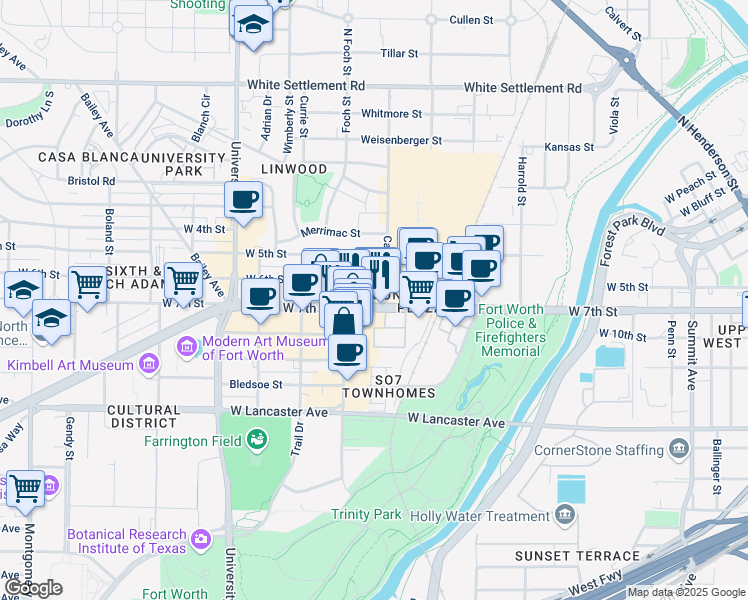 map of restaurants, bars, coffee shops, grocery stores, and more near 2710 West 7th Street in Fort Worth