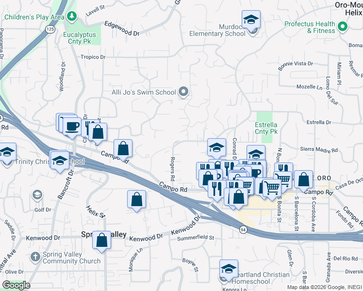 map of restaurants, bars, coffee shops, grocery stores, and more near 3925 Rogers Road in Spring Valley