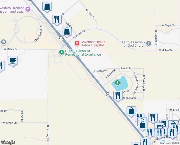 map of restaurants, bars, coffee shops, grocery stores, and more near 4607 North Lovington Highway in Hobbs
