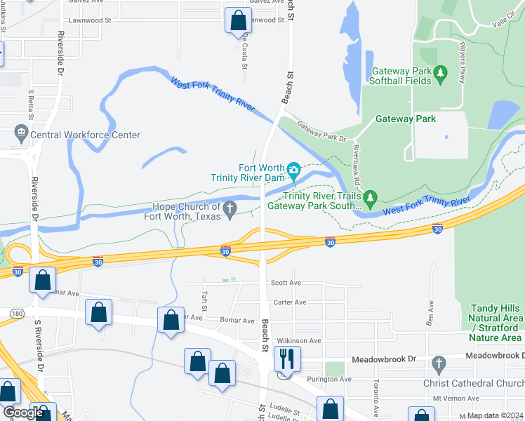 map of restaurants, bars, coffee shops, grocery stores, and more near 1695 Beach St in Fort Worth