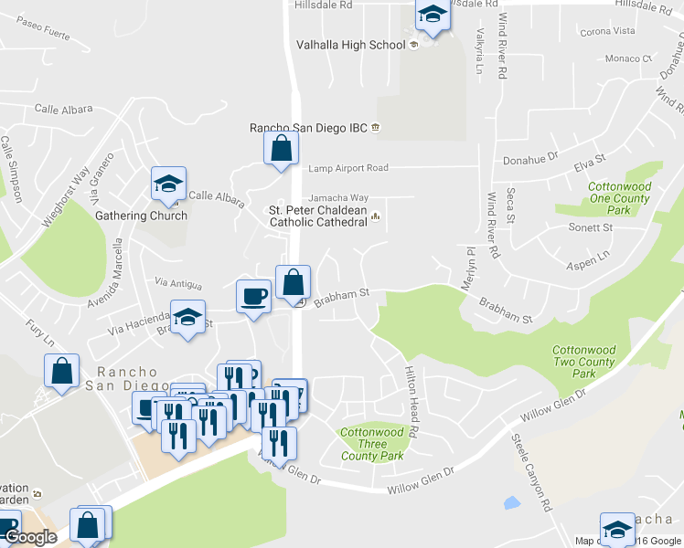 map of restaurants, bars, coffee shops, grocery stores, and more near 1580 Greencrest Court in El Cajon