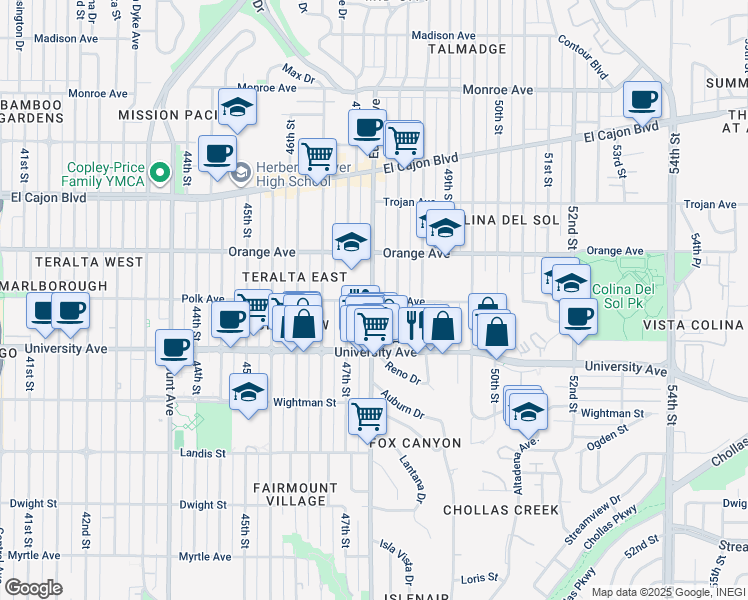 map of restaurants, bars, coffee shops, grocery stores, and more near 4074 48th Street in San Diego