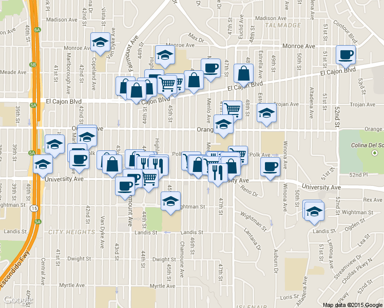 map of restaurants, bars, coffee shops, grocery stores, and more near in San Diego