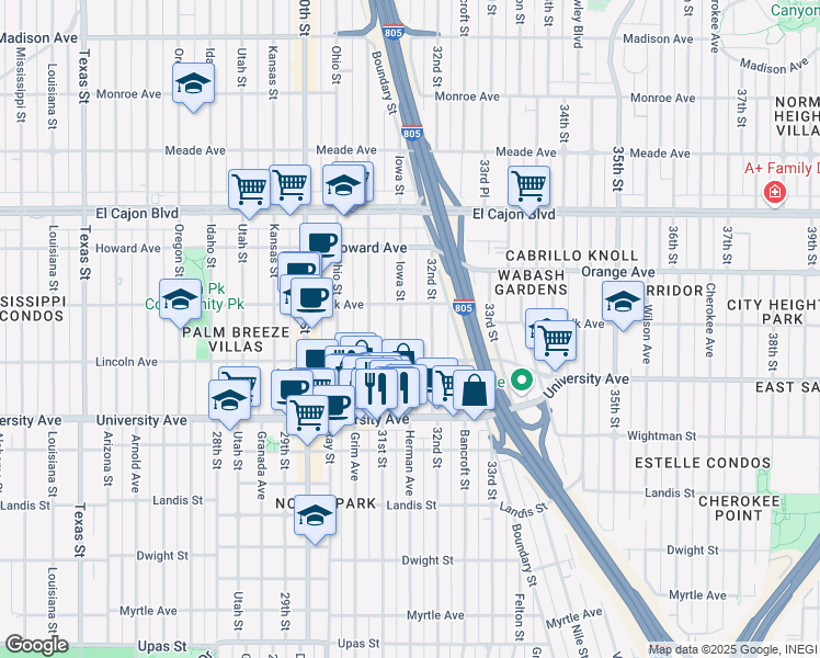 map of restaurants, bars, coffee shops, grocery stores, and more near 4033 Iowa Street in San Diego