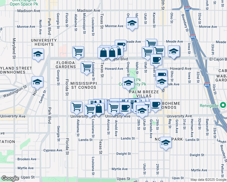 map of restaurants, bars, coffee shops, grocery stores, and more near 4034 Hamilton Street in San Diego