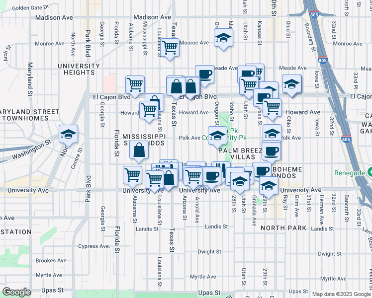 map of restaurants, bars, coffee shops, grocery stores, and more near 4036 Arizona Street in San Diego