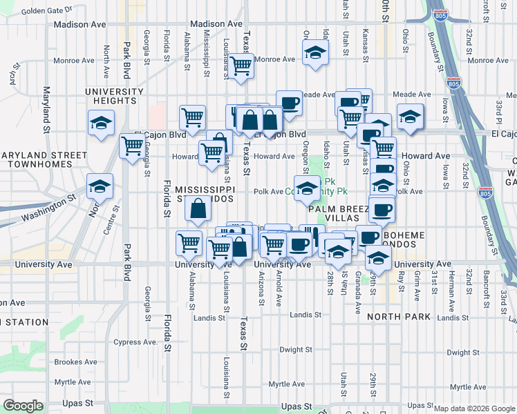 map of restaurants, bars, coffee shops, grocery stores, and more near 4036 Arizona Street in San Diego