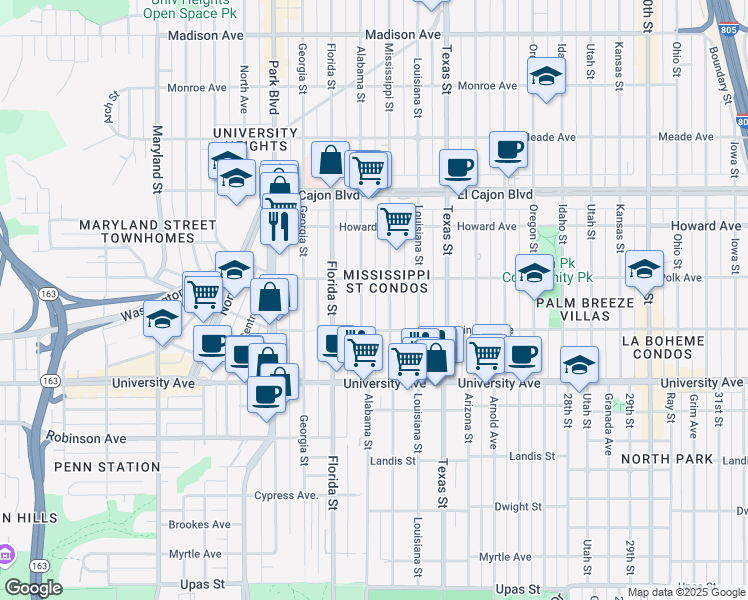 map of restaurants, bars, coffee shops, grocery stores, and more near 4025 Alabama Street in San Diego