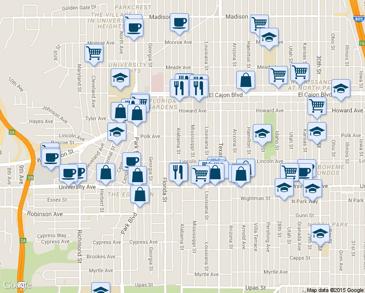 map of restaurants, bars, coffee shops, grocery stores, and more near 4025 Alabama Street in San Diego
