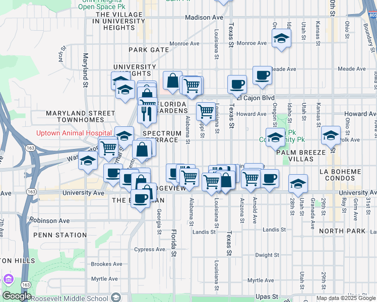 map of restaurants, bars, coffee shops, grocery stores, and more near 4025 Alabama Street in San Diego