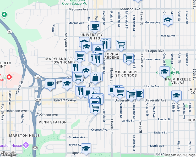 map of restaurants, bars, coffee shops, grocery stores, and more near 4038 Georgia Street in San Diego