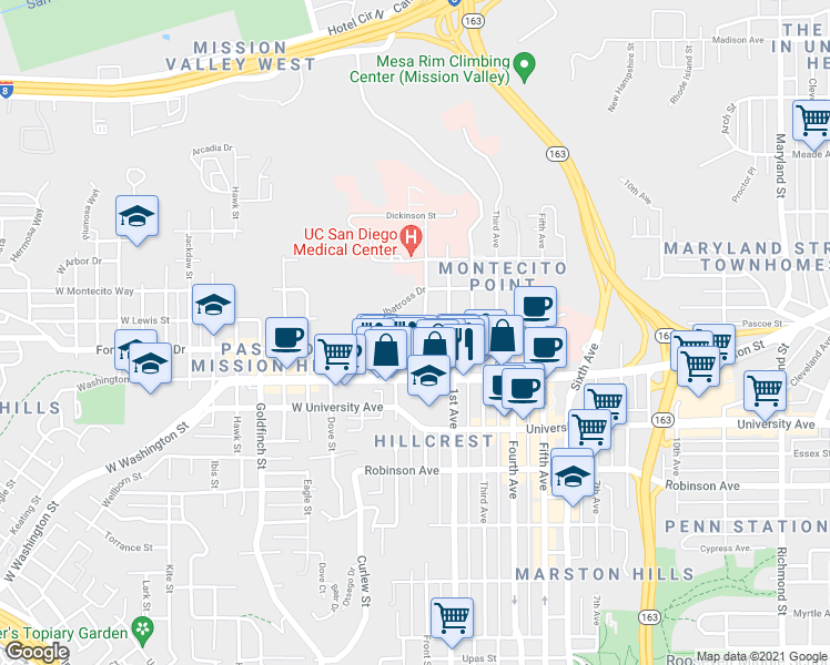 map of restaurants, bars, coffee shops, grocery stores, and more near 4054 Front Street in San Diego