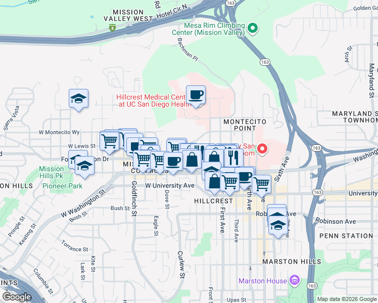map of restaurants, bars, coffee shops, grocery stores, and more near 4056 Albatross Street in San Diego