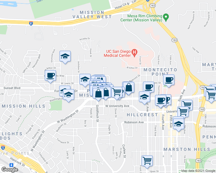 map of restaurants, bars, coffee shops, grocery stores, and more near 4063 Eagle Street in San Diego
