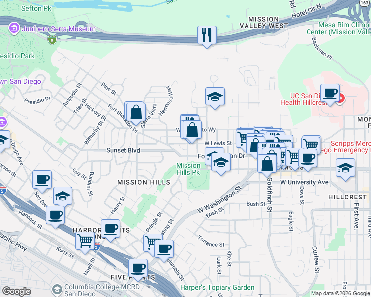 map of restaurants, bars, coffee shops, grocery stores, and more near 1704 Fort Stockton Drive in San Diego