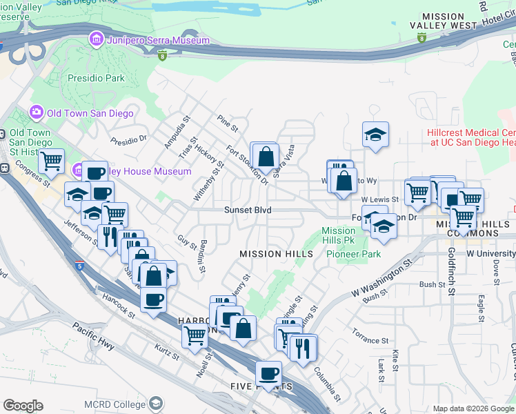 map of restaurants, bars, coffee shops, grocery stores, and more near 1905 Sunset Boulevard in San Diego