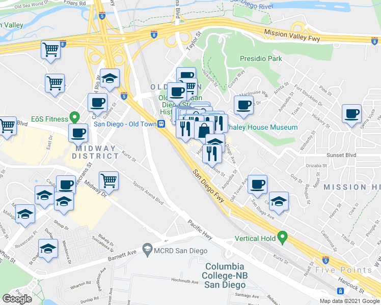 map of restaurants, bars, coffee shops, grocery stores, and more near 3895 Harney Street in San Diego