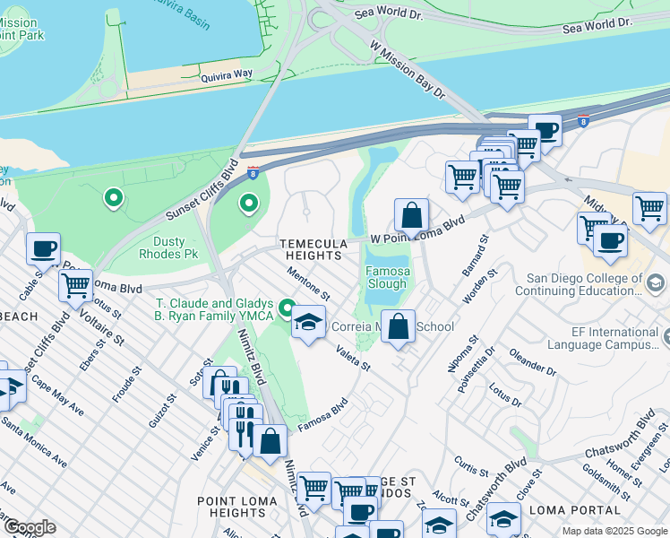map of restaurants, bars, coffee shops, grocery stores, and more near 4359 Temecula Street in San Diego