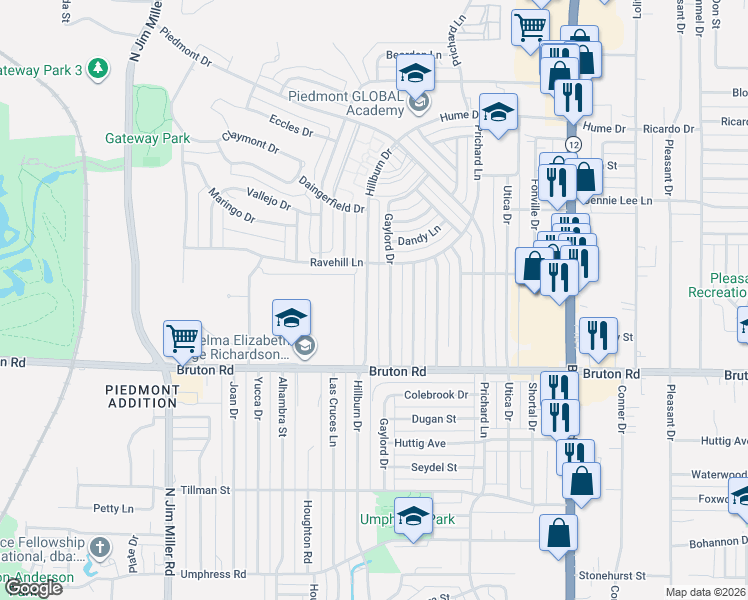 map of restaurants, bars, coffee shops, grocery stores, and more near 2204 Hillburn Drive in Dallas