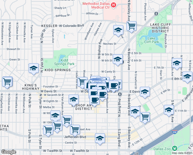 map of restaurants, bars, coffee shops, grocery stores, and more near 705 North Bishop Avenue in Dallas