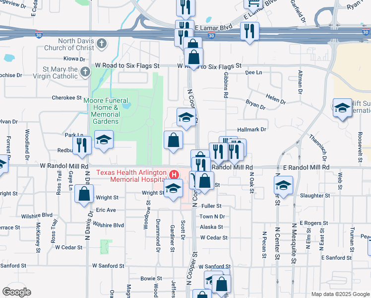 map of restaurants, bars, coffee shops, grocery stores, and more near 1012 North Cooper Street in Arlington