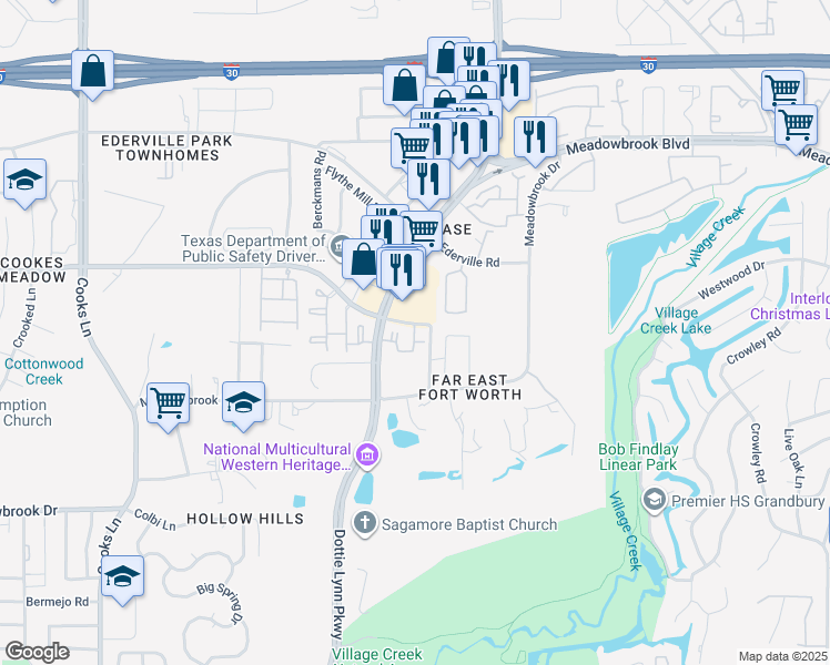 map of restaurants, bars, coffee shops, grocery stores, and more near 8362 Ranch Lane in Fort Worth