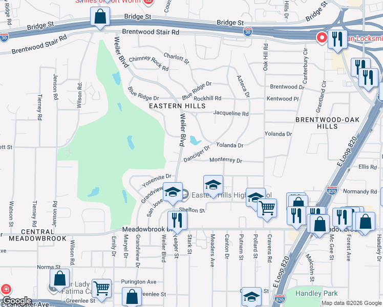 map of restaurants, bars, coffee shops, grocery stores, and more near 5733 Monterrey Drive in Fort Worth
