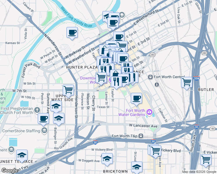 map of restaurants, bars, coffee shops, grocery stores, and more near 307-309 West 7th Street in Fort Worth