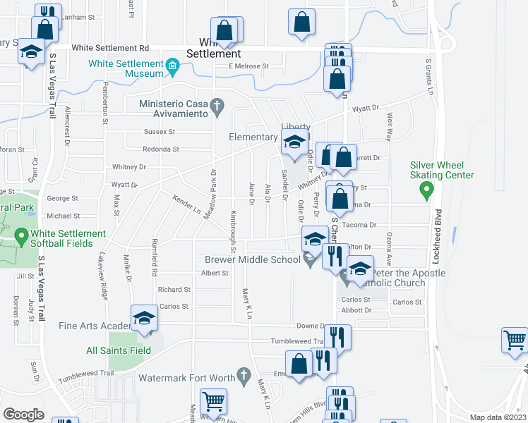 map of restaurants, bars, coffee shops, grocery stores, and more near 816 Ala Drive in White Settlement