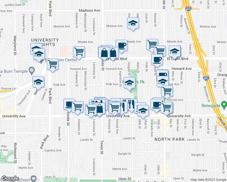 map of restaurants, bars, coffee shops, grocery stores, and more near 4055 Arizona Street in San Diego