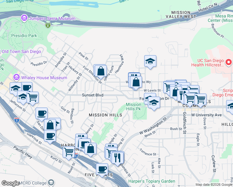 map of restaurants, bars, coffee shops, grocery stores, and more near 1818 Sunset Boulevard in San Diego