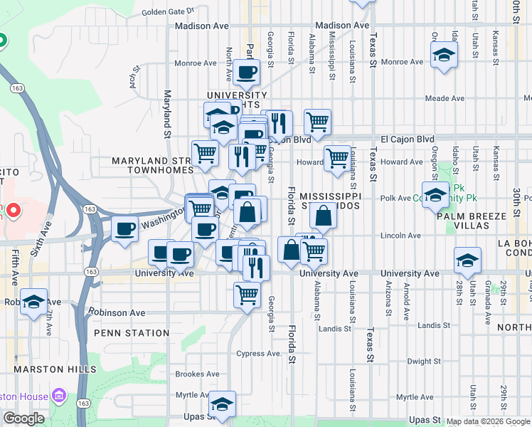 map of restaurants, bars, coffee shops, grocery stores, and more near 4038 Georgia Street in San Diego