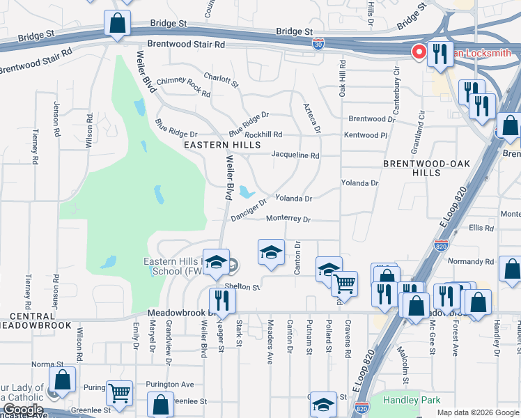 map of restaurants, bars, coffee shops, grocery stores, and more near 5733 Monterrey Drive in Fort Worth