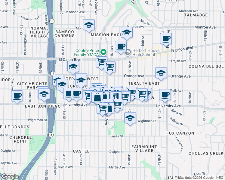 map of restaurants, bars, coffee shops, grocery stores, and more near 4077 Fairmount Avenue in San Diego