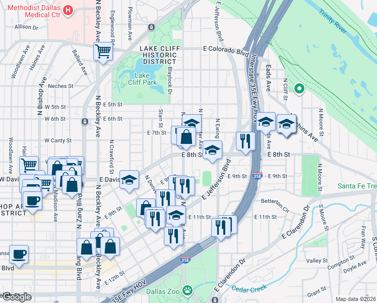 map of restaurants, bars, coffee shops, grocery stores, and more near 302 North Marsalis Avenue in Dallas